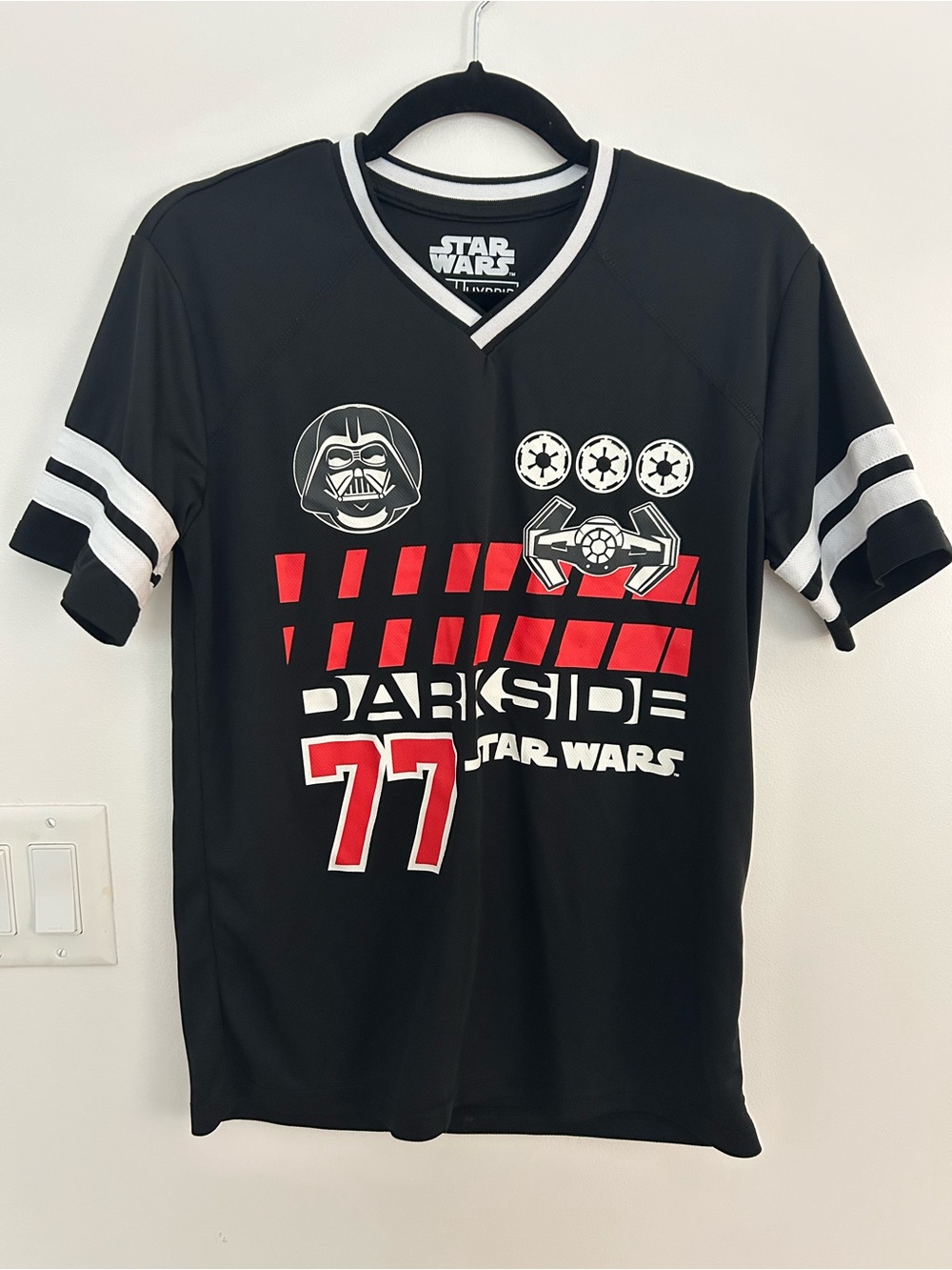 Star Wars Dark Side 77 Jersey Shirt Darth Vader TIE Fighter V-Neck Black Size S